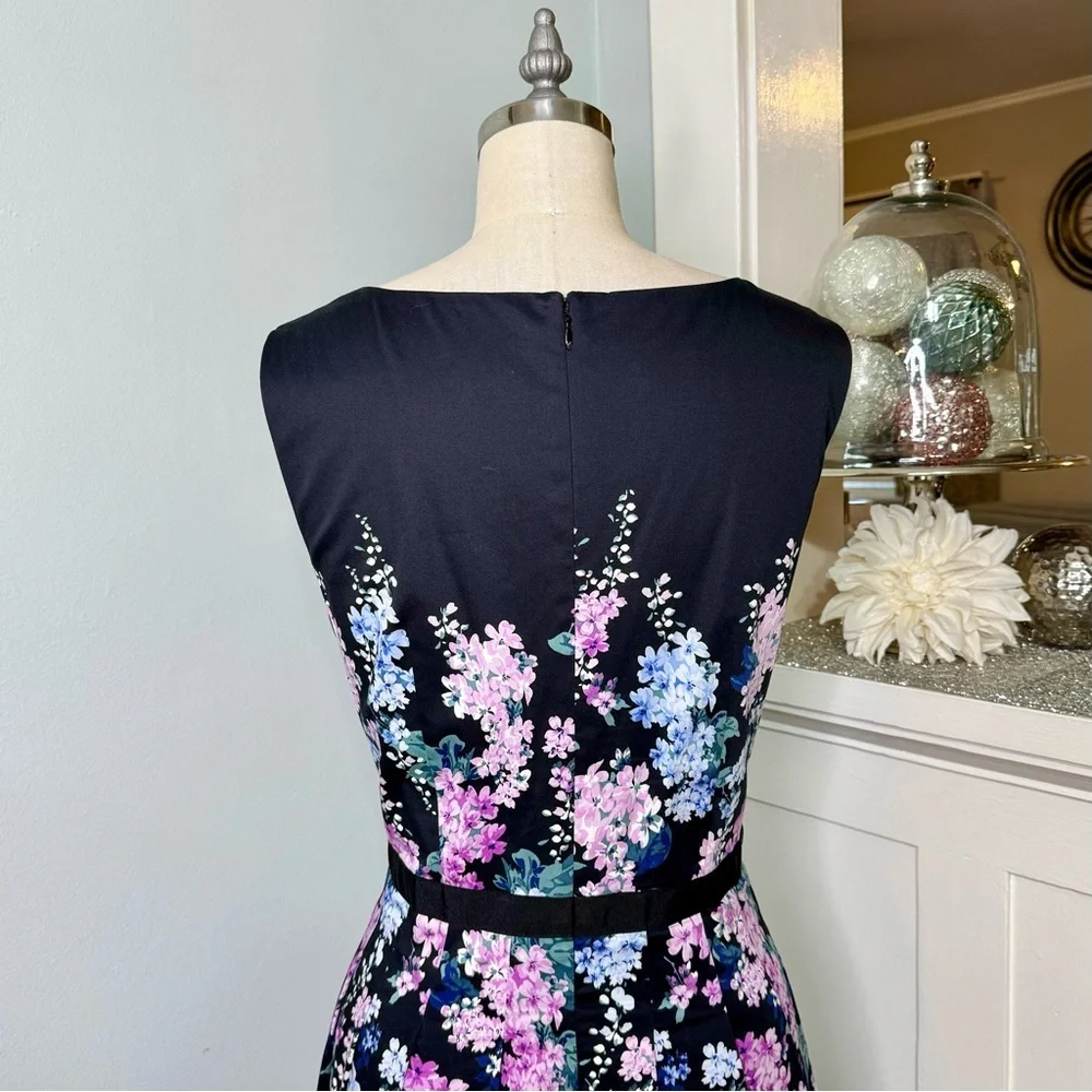 Talbots Floral Sateen Fit & Flare Dress Black Purple Blue White Flowers Size 10 - Picture 7 of 10